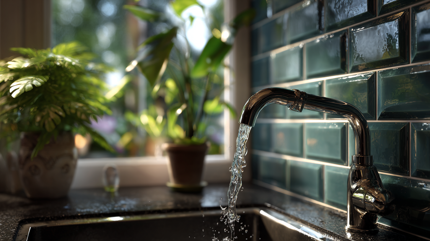 Salon z białymi płytkami HydroHarvest; widoczny przekrój pokazujący warstwę MOF i wężyk doprowadzający wodę do rośliny